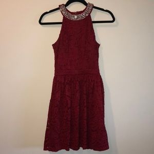 Lace Red Dress with Decorated Neckline